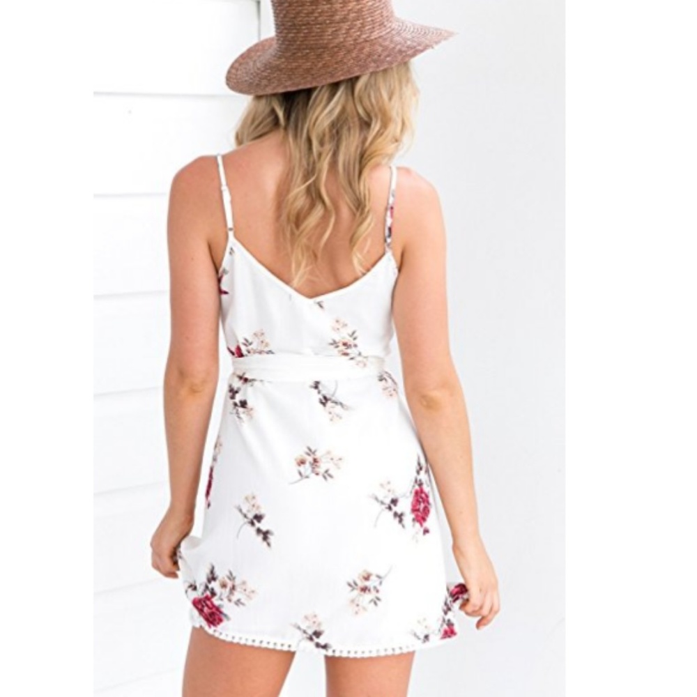 White Floral Tie Waist Crochet  Dress - Picture 2 of 5